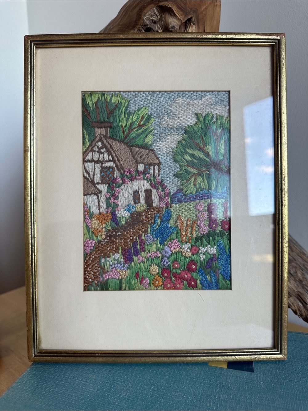 Beautiful vintage handmade crewel embroidery wall art
